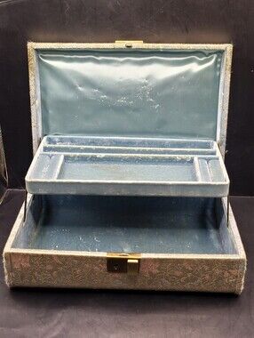 Vintage Brocade Jewelry Box Cantilever Tray Birds of Paradise Felt Inside Faded